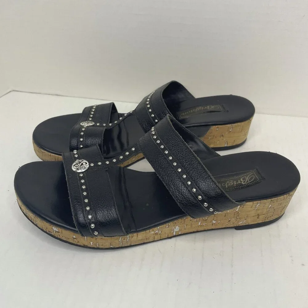 Brighton Sandals Size 9 M Slip On Slides Black Silver Cork Wedge Heel Studded